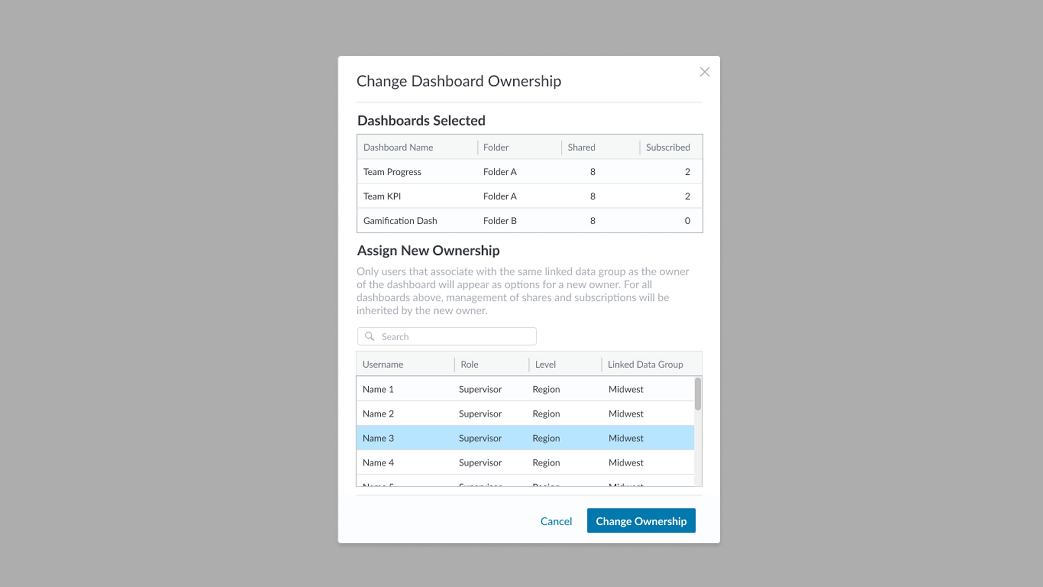 Modal for selecting new owner